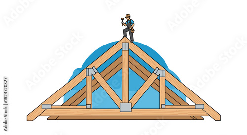 A construction worker in a hard hat hammers on the peak of a wooden roof truss structure.