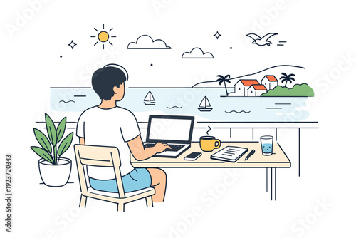 Digital nomad work in coastal towns. A quiet balcony workspace overlooking the ocean, laptop open and notes nearby. Peaceful concentration and slow-paced