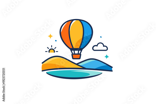 Hot air balloons travel concept focused on slow tourism with a balloon drifting peacefully above minimal terrain. A calm editorial idea of