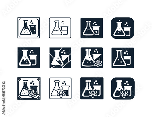 Collection of science laboratory icons featuring beakers and flasks with atomic symbols