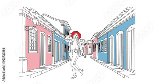 Stylish woman strolling through colorful traditional street in outline style