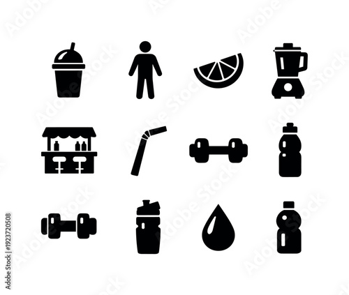 Healthy lifestyle stop. Filled icon set of Healthy lifestyle stop: smoothie cup, person