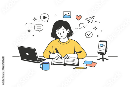 Social media creators lifestyle. A creator works at a tidy desk with a smartphone on a stand, laptop open, and notes nearby, calmly planning