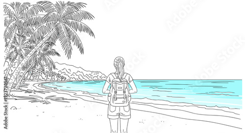Tranquil coastal adventure: woman exploring scenic beach landscape in line art style