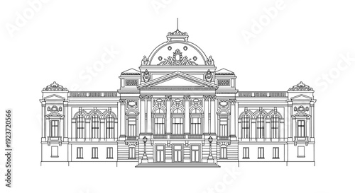 Detailed line art of historic building with classical architecture