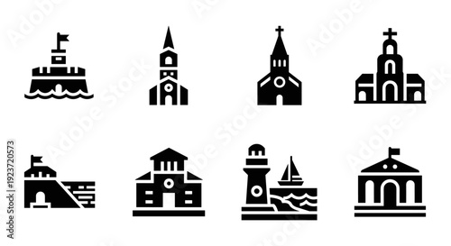 Silhouette icons of churches and lighthouse buildings