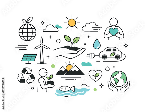 Eco-friendly lifestyle and sustainable energy icons for a greener planet concept