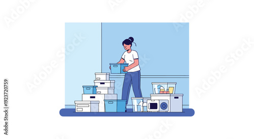 A woman carries a blue storage box and stacks it on a pile of boxes, organizing household items.