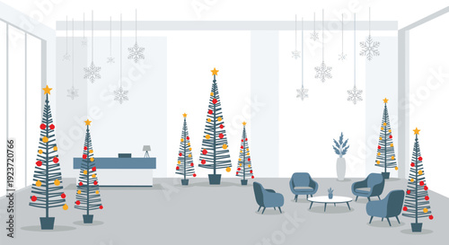 A modern office reception area is decorated for Christmas with numerous minimalist holiday trees, hanging ornaments, and snowflakes.