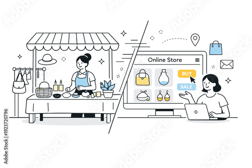 From market stall to online store. A split scene showing a traditional craft table transitioning into a digital storefront interface. The