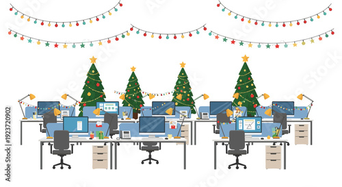 An open-plan office workspace with multiple cubicles is brightly decorated for Christmas with traditional trees and string lights.
