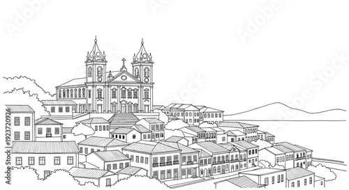 Charming coastal town with historic church in linear style