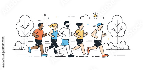Diverse group of people running together in a park during a sunny day