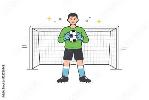 Confident Goalkeeper Save. Goalkeeper save. A confident goalkeeper firmly holding the ball after a successful save, standing centered in the goal. The mood