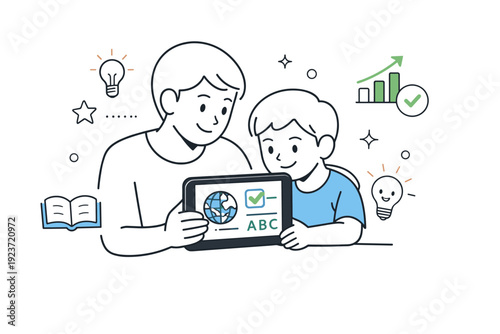 Digital family learning. A parent and child looking at an educational app on a tablet, modern and approachable learning experience. Simple icons suggest