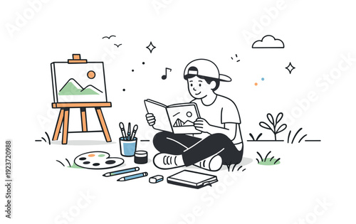 Young artist in a cap reading a book while sitting outdoors with art supplies