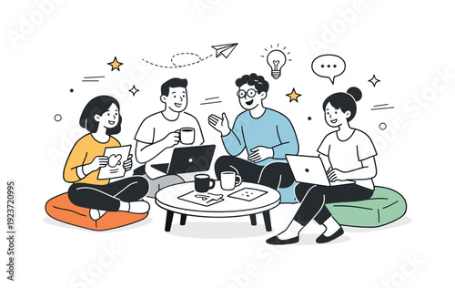 Creative discussion over coffee. Team gathered in a casual corner with laptops and sketches, smiling and exchanging ideas, subtle stars and