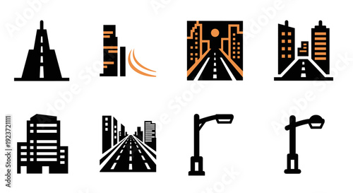 Urban cityscape icons set featuring buildings and streetlight designs