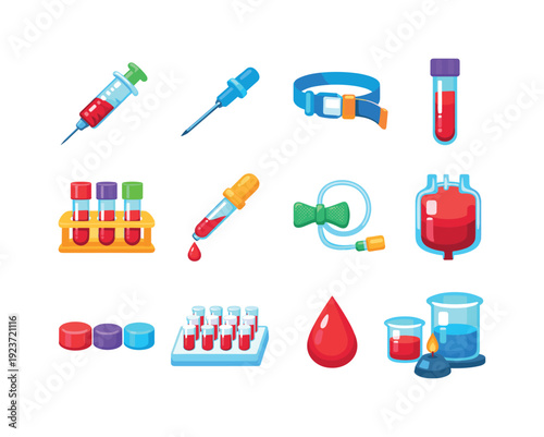 Blood collection tools. Colorful flat vector icons set of Blood collection tools: syringe,