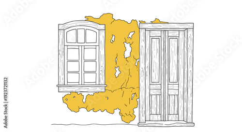 Rustic window and door with vintage peeling paint in sketch style