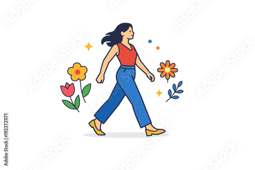Women empowerment spring concept woman walking forward confidently with floral accents around her, representing independence, momentum and modern feminine