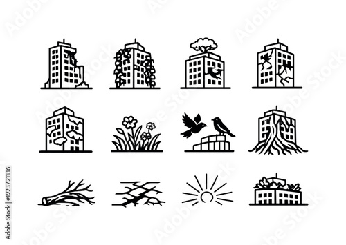 Skyscraper overgrowth. Line outline icon set of Skyscraper overgrowth: abandoned building,