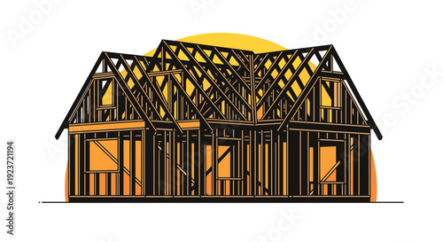 The detailed wooden framework of a house under construction is silhouetted against a warm, glowing sunset.