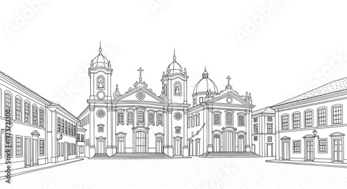 Historic cityscape of baroque architecture in detailed line art