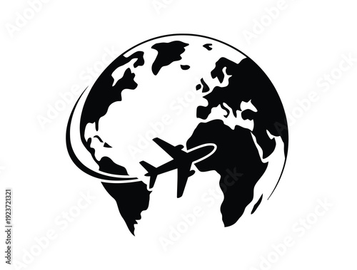 World travel logo featuring airplane flying around globe for international tourism and aviation design projects