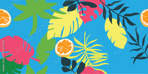 Seamless tropical pattern with colorful fruits and jungle leaves on blue background, wallpaper, summer vibe vector art