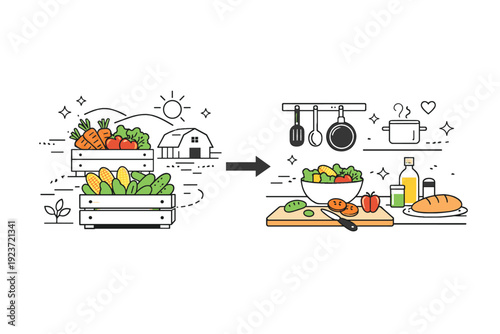 Harvest to kitchen process. Fresh produce moving from farm crates directly into a clean kitchen workspace. Sense of immediacy, quality, and