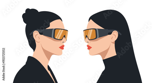 Two women facing each other wearing futuristic visor glasses, depicted in a minimalist style against a plain white background.