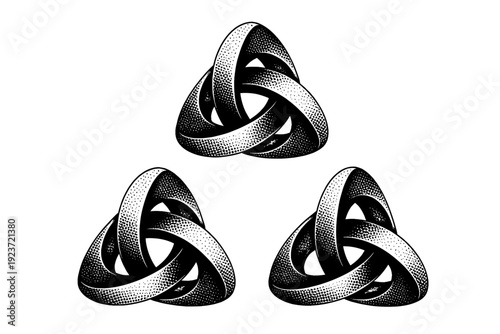 Abstract symbol. An isolated abstract symbol with geometric structure, presented as the same object shown in three distinct views