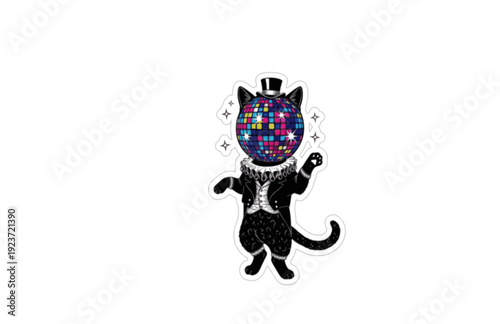 Funny Victorian Cat with Disco Ball Sticker Silhouette. Quirky Surreal Silliness and Humorous Character Design for Gen Z Aesthetic Vector.