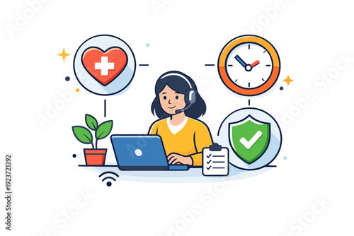 Remote employee safety culture illustrated through care and support worker connected to icons of health, time and protection, representing
