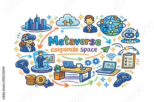 Metaverse corporate space. Hand-drawn doodle illustration of Metaverse corporate space.