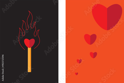 burning heart shape match on black background, Orange love background design art