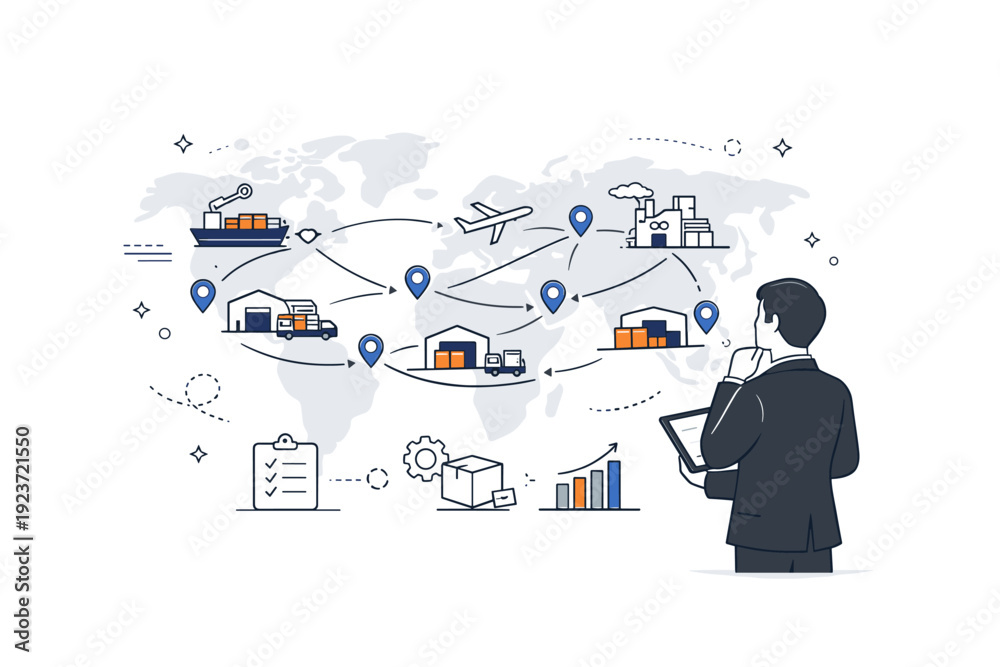 Naklejka premium Global supply chain overview. A professional observes connected hubs across a simplified world map. The scene suggests scale, connection, and strategic
