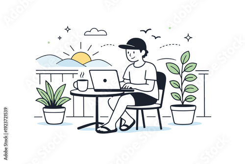 Early morning work to avoid heat. Freelancer enjoying cool morning hours on a balcony, laptop open before the sun gets strong.