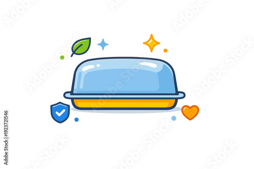 Covered butter dish for freshness a closed butter dish with a smooth lid and subtle shine, paired with small freshness icons to suggest