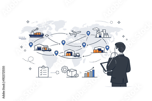 Global supply chain overview. A professional observes connected hubs across a simplified world map. The scene suggests scale, connection, and strategic