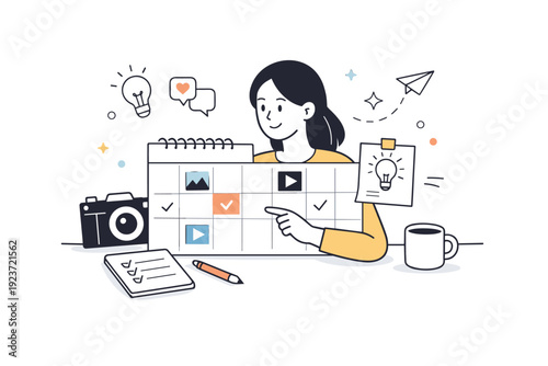 Content Creation Workflow. Content creation workflow. An influencer planning posts with a calendar, camera icon, and notes, calm and organized creative
