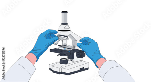 A first-person perspective showing gloved hands adjusting a scientific microscope on a pristine white background.