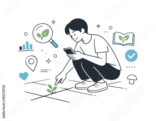 Young man using smartphone to identify plant growth and analyze data in a garden