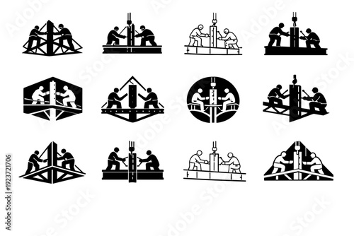 Ironworkers setting up steel beams and structures. Icon set. Set Logo of Ironworkers setting up steel beams and structures: rising steel framework. harmonious