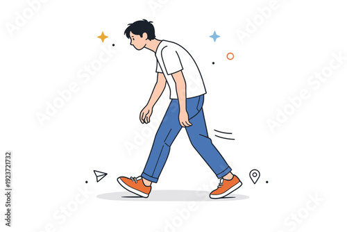 Natural Walk Dynamics. Imperfect posture realism. A person walking with a slightly forward-leaning posture, arms relaxed and uneven. Subtle movement and