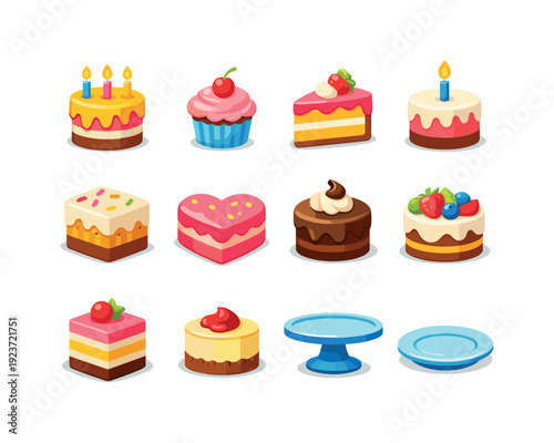Collection of delicious and colorful cartoon cakes and pastries for celebrations