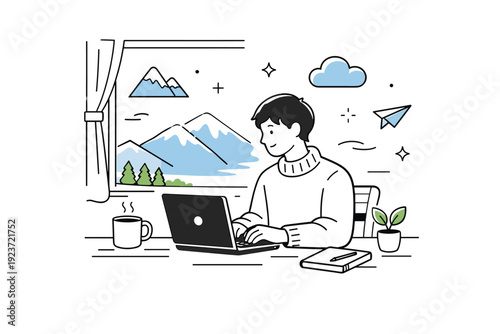 Remote work from mountain cabins. Person working on a laptop near a cabin window with mountains visible outside, warm sweater and calm posture. Quiet focus and