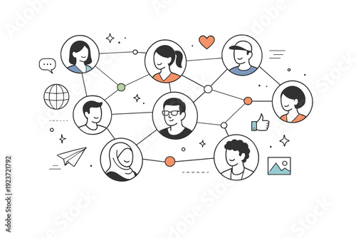 Social media. Abstract network of profile avatars connected by soft lines and dots, sense of community, reach, and digital relationships. Minimalist flat