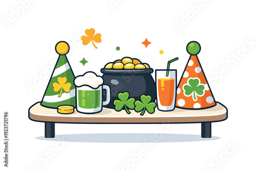 St. Patrick's Day celebration with festive drinks, pot of gold, and party hats